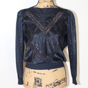 Vtg 70s 80s Miss Kalico Sheer Black Metallic Lace Long Sleeve Shirt Women’s S